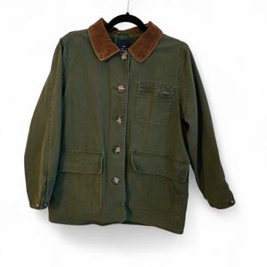 Limited Vintage Barn Chore Canvas Coat Olive Green Button Front Corduroy Trim, S